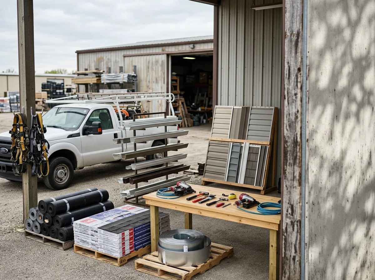 Professional roofing and siding crew with tools and equipment ready for residential exterior work.