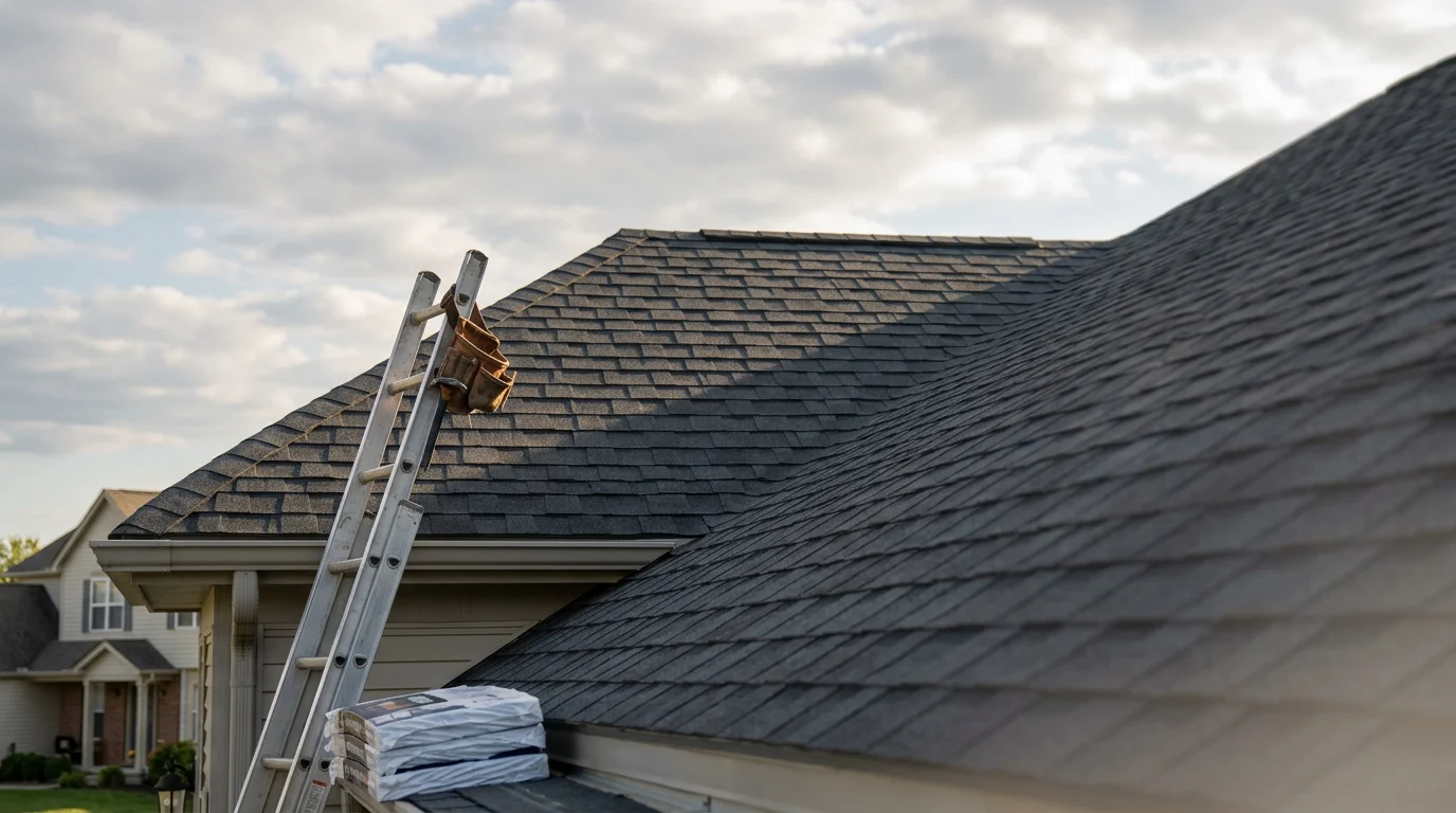 Roofer installing shingles on a residential home roof
