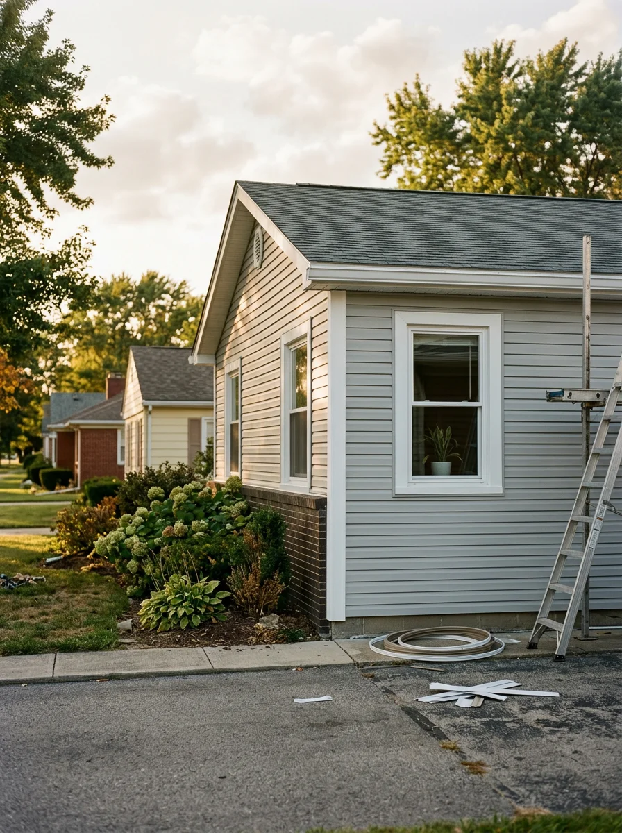 New vinyl siding installation replacing original aluminum panels on an older Anderson Indiana home with clean corner trim and sealed window surrounds.