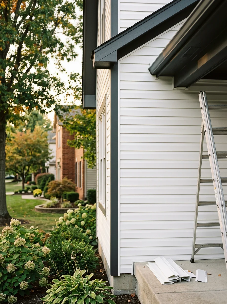 New vinyl siding installation on a 1990s Carmel Indiana subdivision home with clean corner trim and properly sealed panel seams on the front elevation.