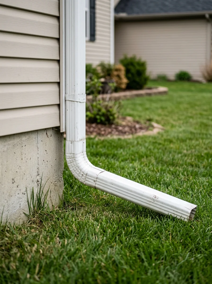 Close-up of a Fishers Indiana home's gutter downspout extension on a flat lot showing proper discharge placement away from the foundation.