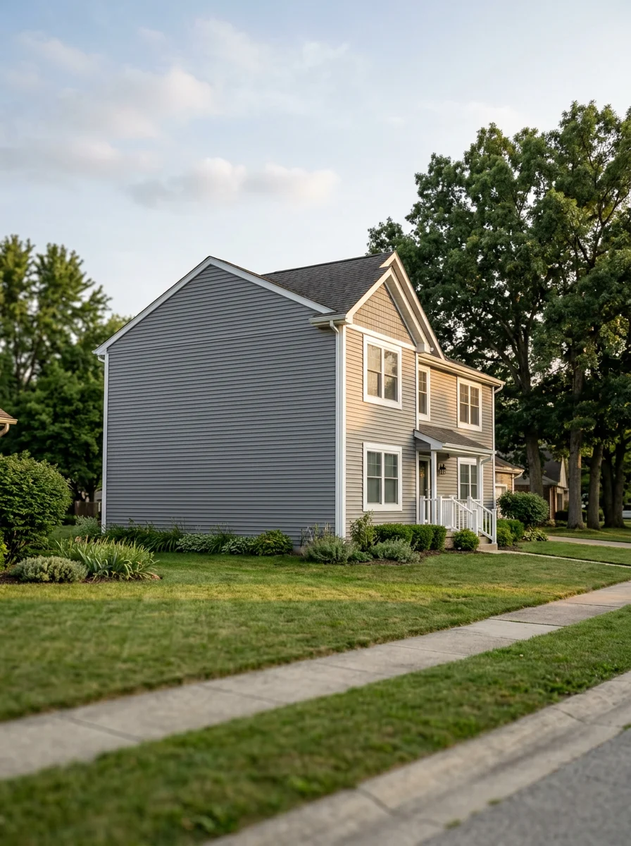 New vinyl siding installation on a Franklin Indiana subdivision home on the city's south edge showing clean panel alignment and sealed corner trim on the storm-exposed west wall.