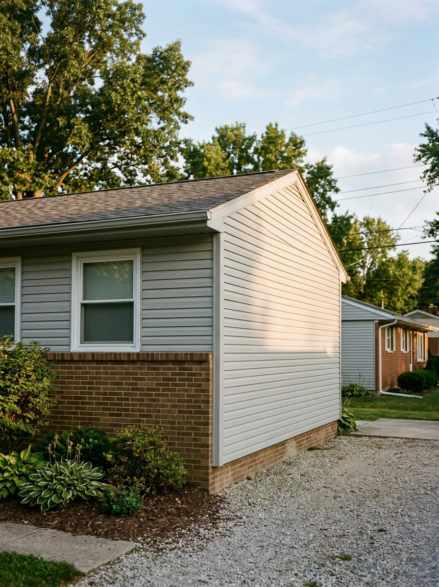 New vinyl siding installation on a mid-century ranch home in Indianapolis showing clean panel alignment and corner trim on the south-facing wall.