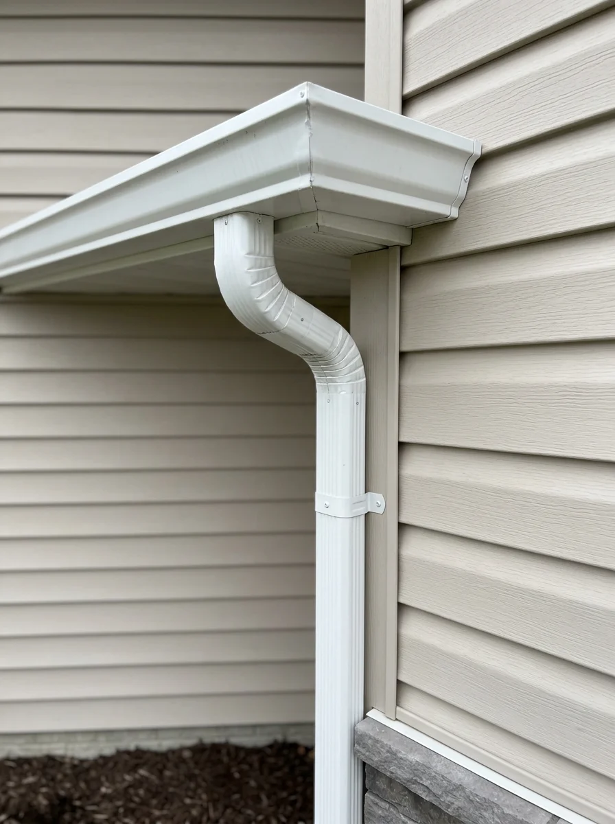 Close-up of a Westfield Indiana home's gutter corner showing proper downspout placement and siding panel alignment on a newer construction exterior.