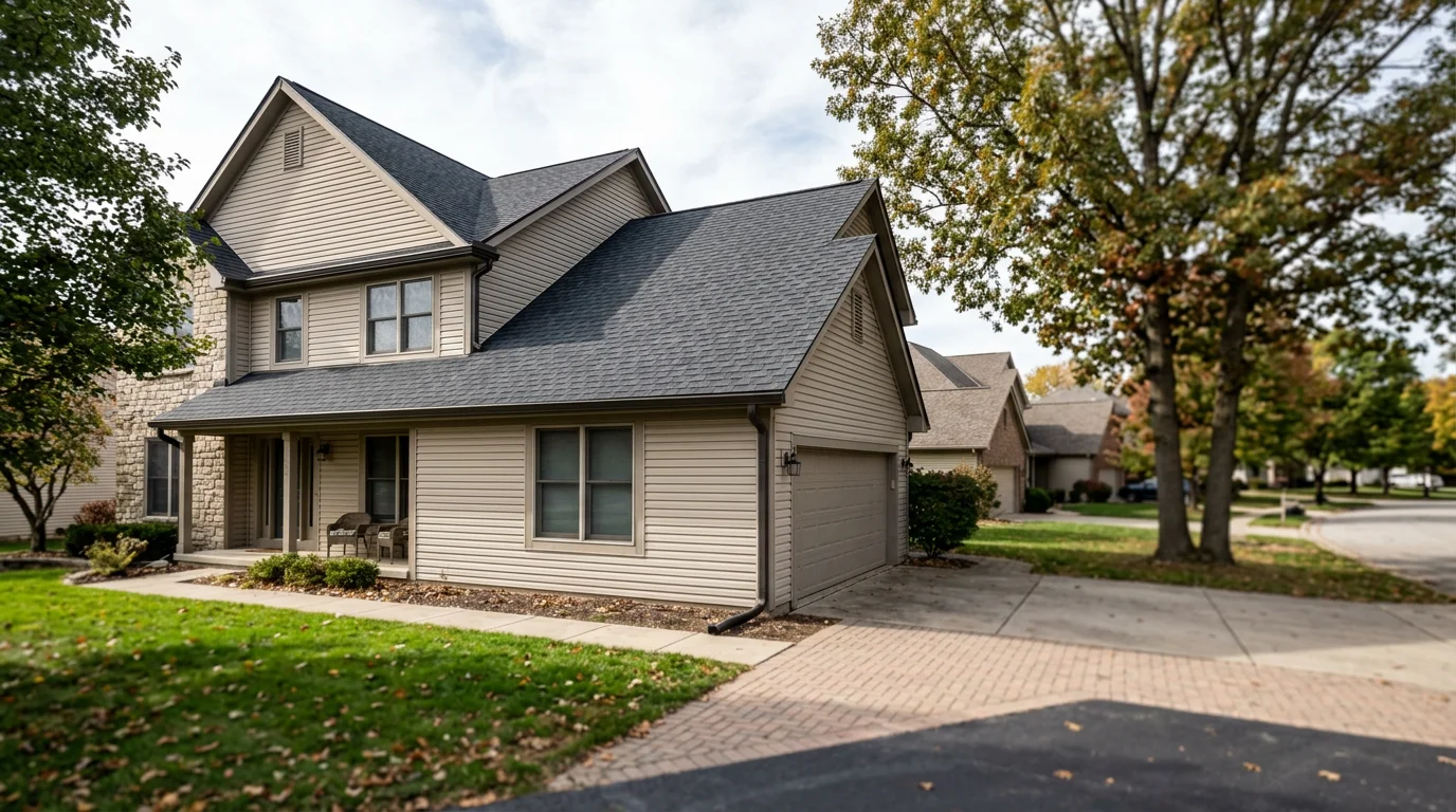 A newly installed architectural shingle roof on a two-story Westfield Indiana subdivision home with wide eaves and a seamless gutter system along the roofline.