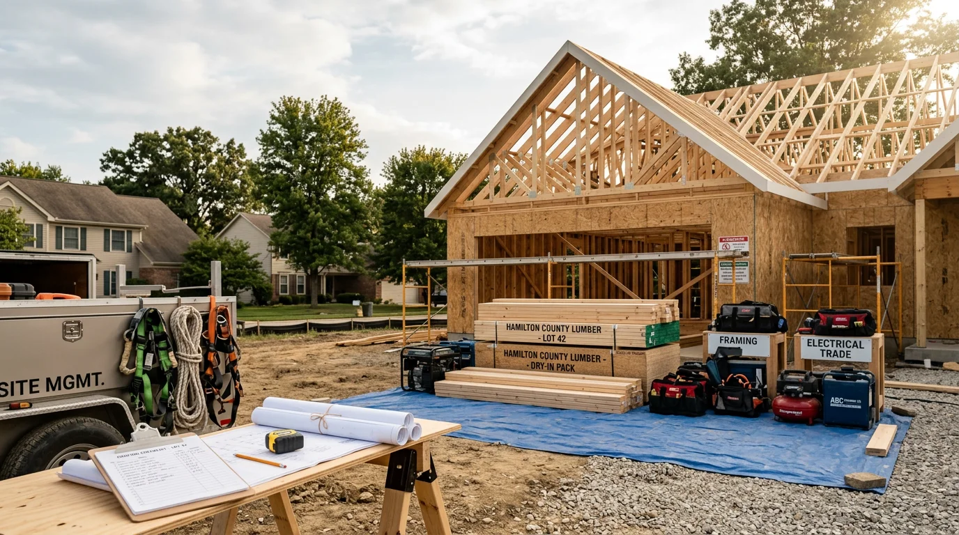 A construction manager reviewing project plans on-site at a residential build in Westfield, Indiana. Framed structure and building materials visible in the background against a clear Midwestern sky.