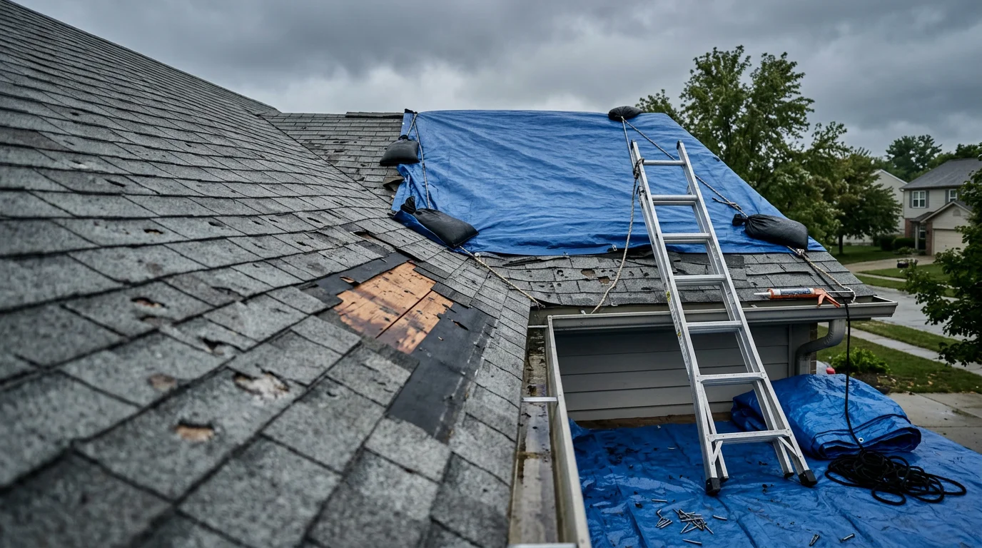 A Buildmasters LLC crew member inspecting storm-damaged shingles on a residential roof in Westfield, Indiana after a severe weather event. Missing shingles and exposed roof decking are visible along the roofline.