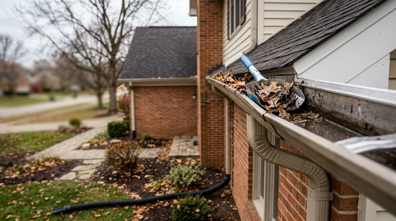 A Buildmasters LLC crew member removing packed leaf debris from a residential gutter channel on a Westfield, Indiana home. Clean downspouts are visible against the home's exterior with a mature tree line in the background.