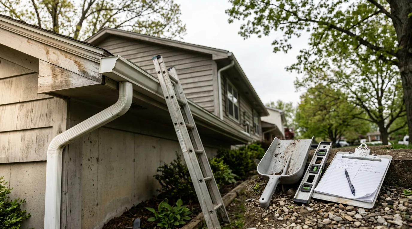 A Buildmasters LLC technician inspecting gutters and downspouts on a residential home in Westfield, Indiana. The image shows a close-up view of a gutter section being examined for sagging, cracks, and joint separation along the roofline.