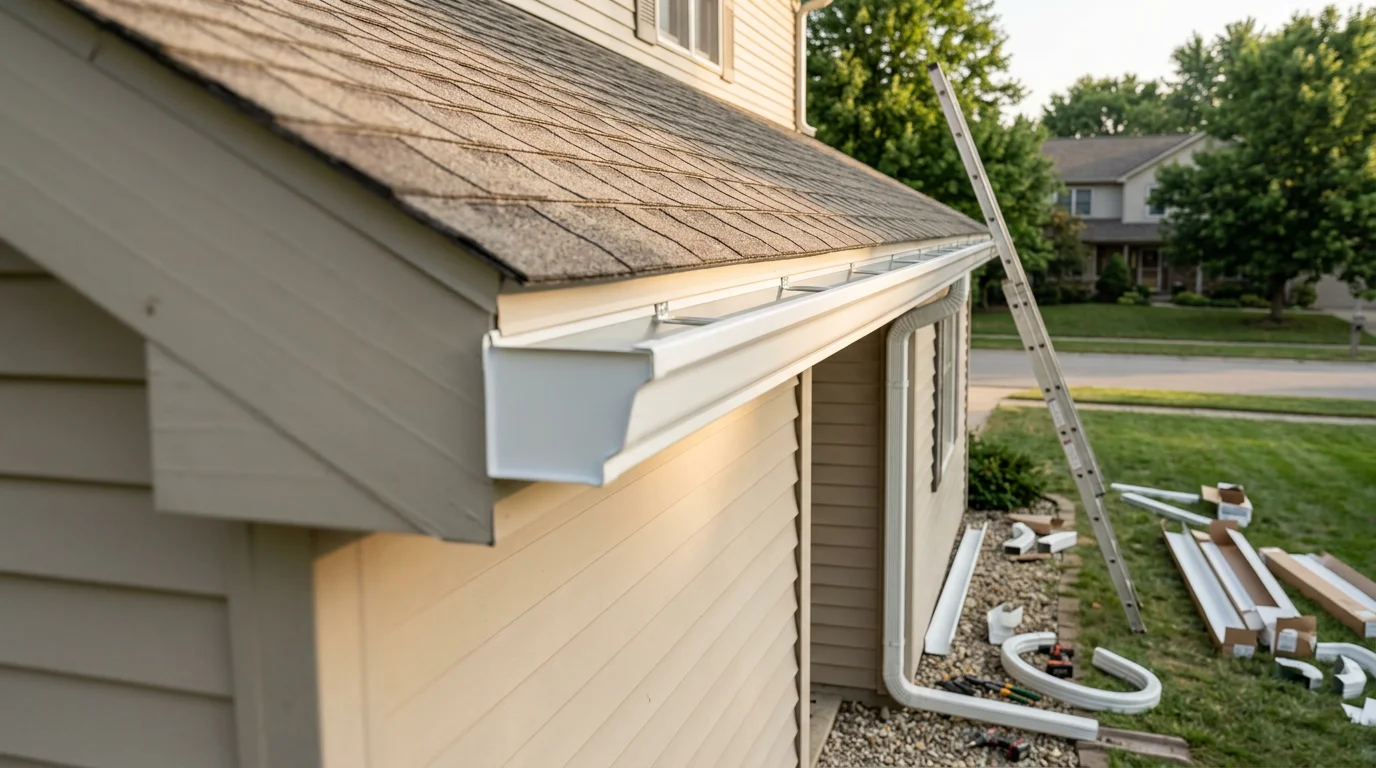 Newly installed gutters on a single-family home in Westfield, Indiana, with downspouts positioned to direct rainwater away from the foundation. Close view shows clean gutter runs along the roofline with secure hangers and tight seams.