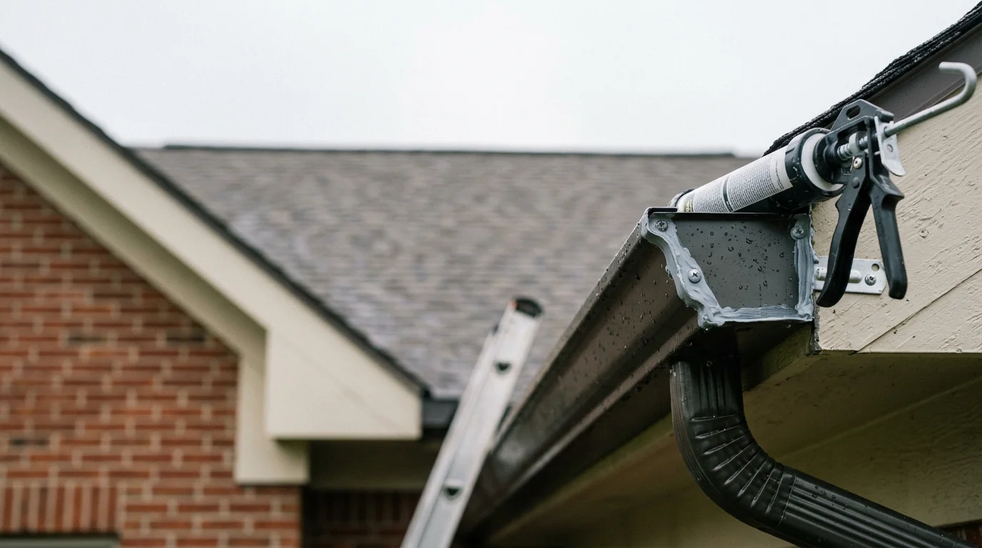 A Buildmasters LLC technician reattaching and resealing a sagging gutter section on a residential home in Westfield, Indiana. The repaired gutter runs flush along the roofline with no visible gaps or separation.