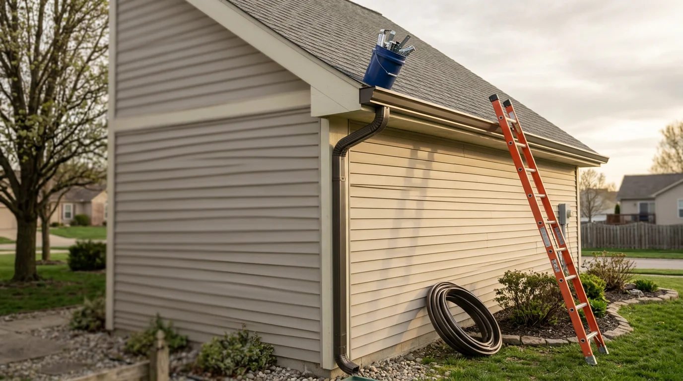 New gutter system installed along the roofline of a residential home in Westfield, Indiana. The gutters run cleanly from the eave to a downspout that directs water away from the foundation.