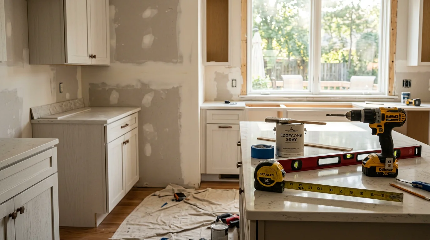 Remodeled open-concept kitchen and living area inside a Westfield, Indiana home, showing updated cabinetry, a functional layout, and clean interior finishes completed by Buildmasters LLC.
