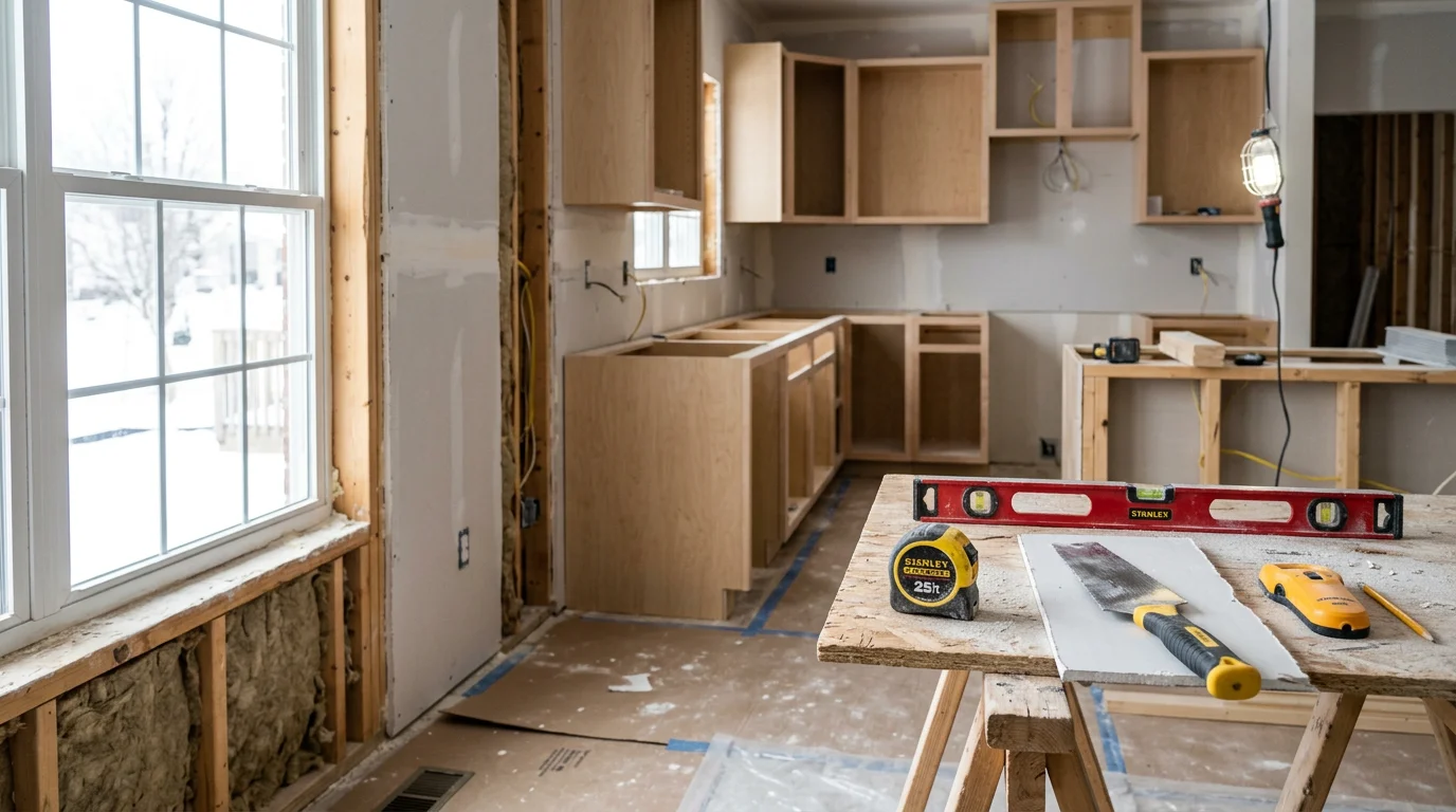 A renovated kitchen interior in a Westfield, Indiana home showing updated cabinetry, countertops, and an open layout. General contractor work completed by Buildmasters LLC serving Hamilton County and the greater Indianapolis area.