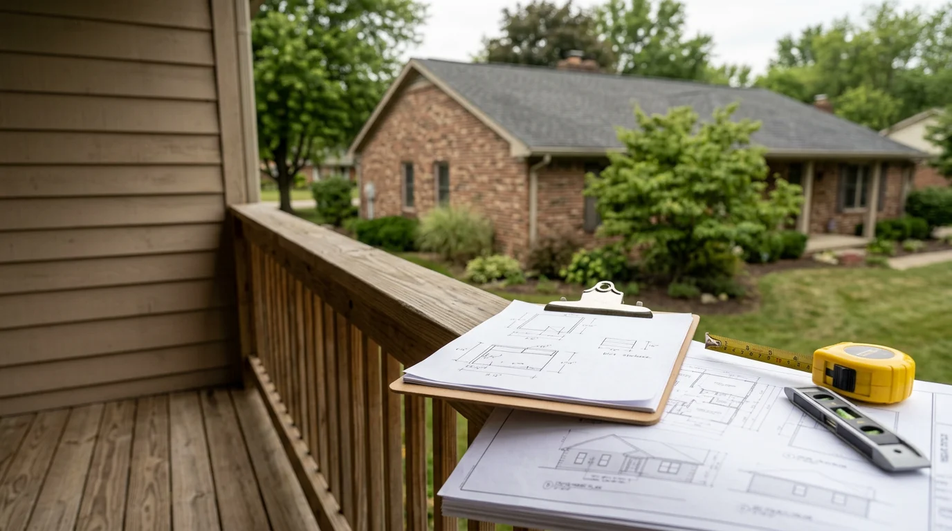 A Buildmasters LLC general contractor meeting with a homeowner at a residential property in Westfield, Indiana, reviewing project plans on-site. The consultation takes place at the home, with both parties examining the existing structure and discussing the planned scope of work.