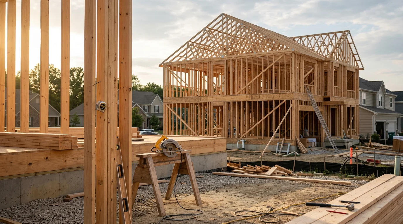 A newly constructed single-family home in Westfield, Indiana, with a finished exterior and landscaped front yard in a residential neighborhood. Buildmasters LLC general contractor residential construction project in Hamilton County, IN.