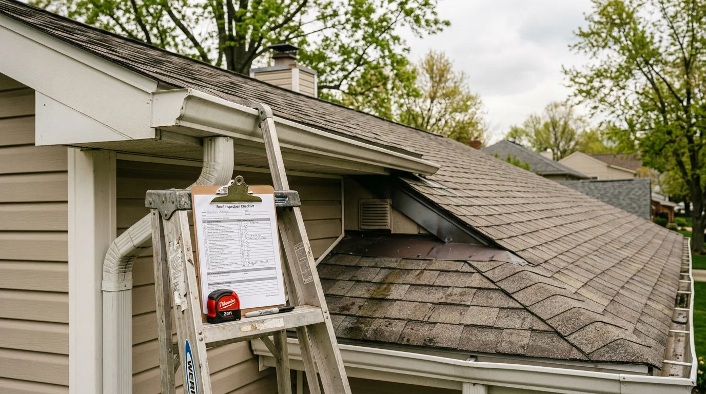 A Buildmasters LLC roofer inspecting shingles and flashing on a residential home in Westfield, Indiana. Close-up view of the roof surface showing an active inspection in a central Indiana neighborhood.