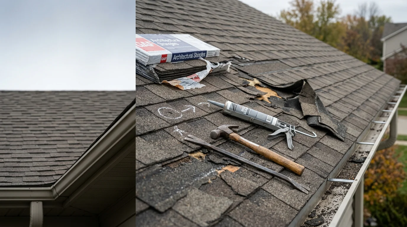 A Buildmasters LLC crew member repairing wind-damaged shingles on a residential roof in Westfield, Indiana. Close-up view shows replaced shingles and sealed flashing on a steep-pitch home roof under clear skies.