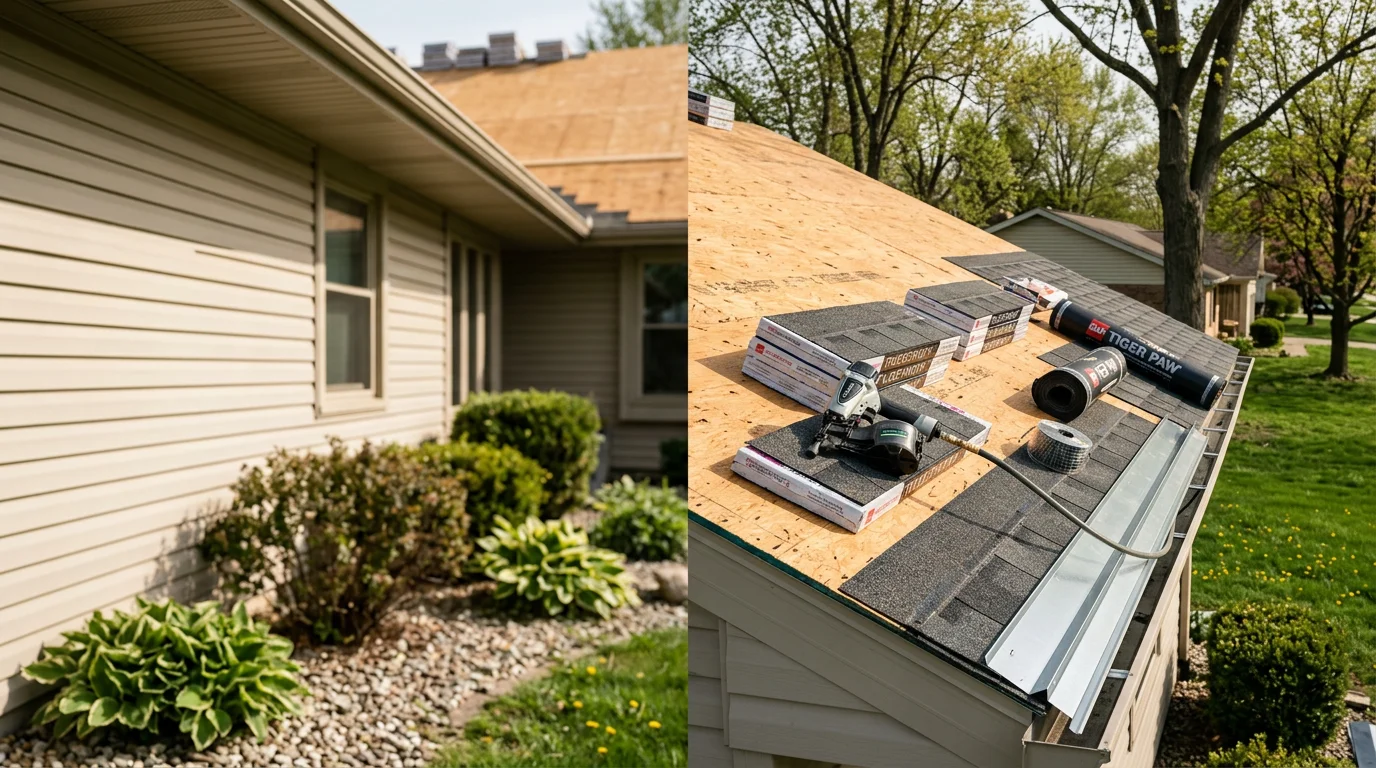 A completed residential roof replacement on a single-family home in Westfield, Indiana, showing fresh shingles installed across a multi-gable roofline. A Buildmasters LLC crew works on the final sections of the new roof system under clear Midwestern skies.