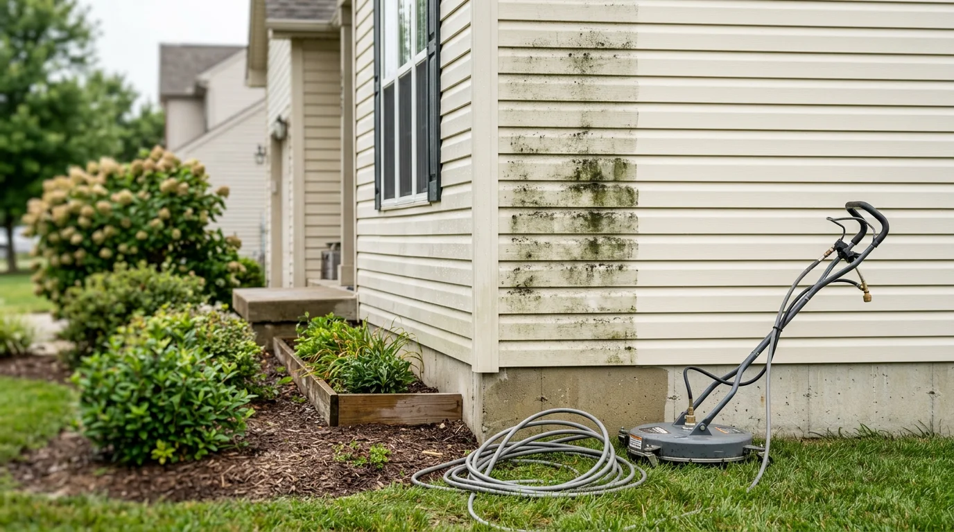 A Westfield, Indiana home exterior after professional siding cleaning, showing clean panels free of algae streaks and dark mildew staining. The siding surface appears restored and evenly colored from the ground to the roofline.