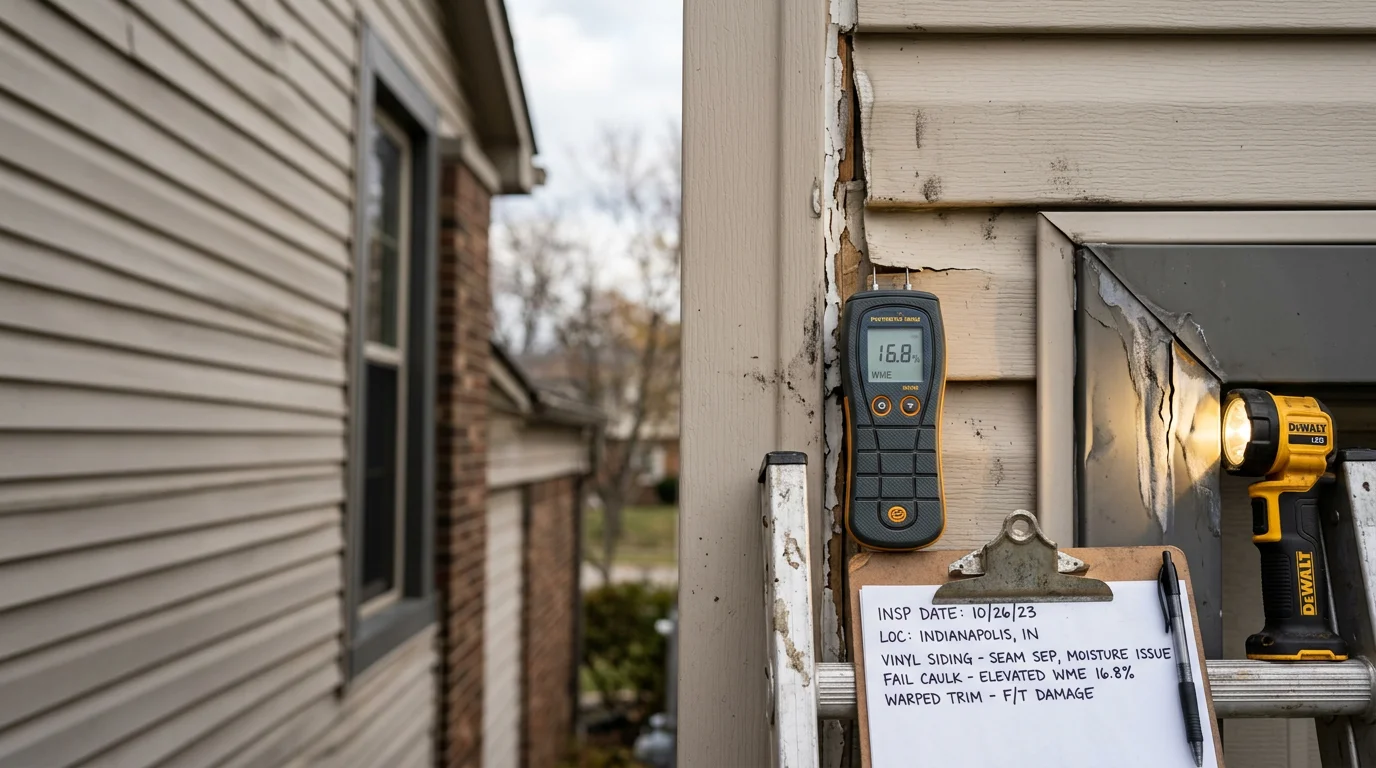 A Buildmasters LLC contractor examining exterior siding panels on a residential home in Westfield, Indiana, checking trim and seams for cracks and moisture damage.