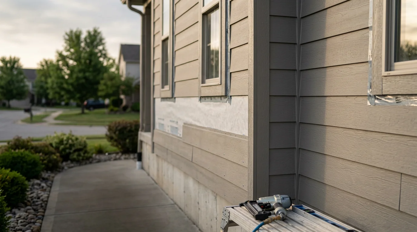 Newly installed siding on a two-story residential home in Westfield, Indiana, showing clean panel alignment and finished corner trim. The exterior reflects a completed siding installation typical of homes in the Hamilton County area.