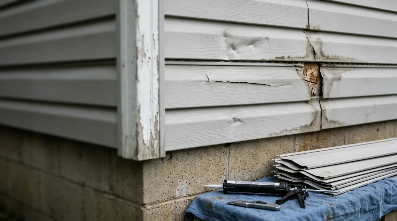 Close-up of a repaired siding section on a residential home in Westfield, Indiana, showing patched and matched exterior panels with no visible gaps or damage. A Buildmasters LLC crew member inspects the finished repair along the home's sidewall.